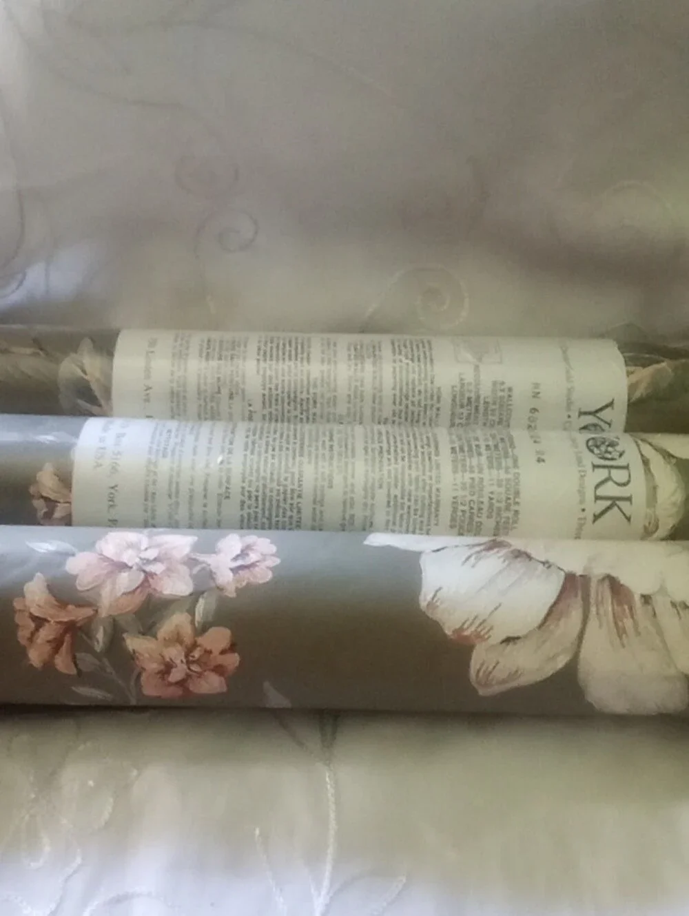Botanical Floral Wallpaper in Olive Green with White and Pink Accents